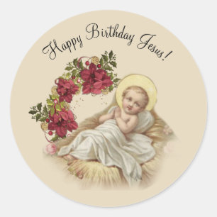 Sticker Rond Noël Nativité Bébé Jésus Floral