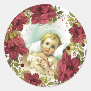 Sticker Rond Noël Nativité Bébé Jésus Floral Religieux
