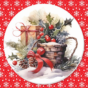 Sticker Rond Noël Naturel Baies Selles Pinecones Bow Rouge