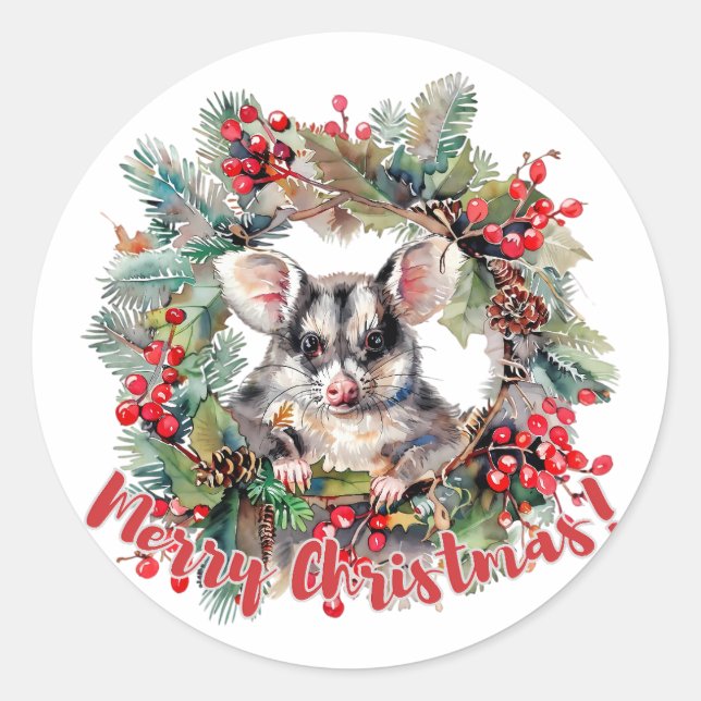 Sticker Rond Noël Opossum Berries Holly Feuilles (Devant)