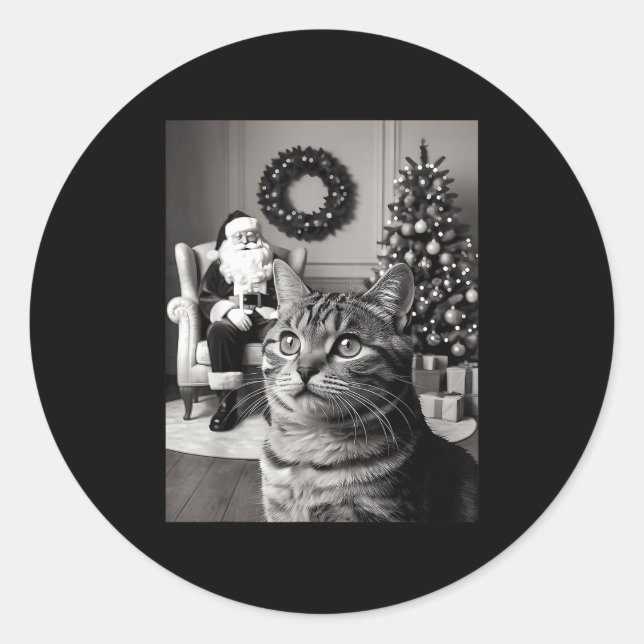 Sticker Rond Noël Père Noël Joyeux X mas Funny Chat Selfie (Devant)