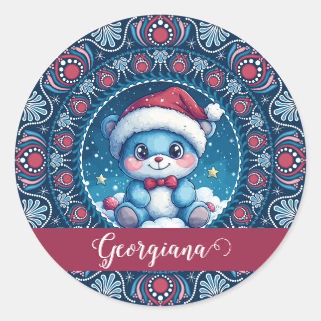 Sticker Rond Noël personnalisé Kawaii Ours Dot Mandala (Devant)