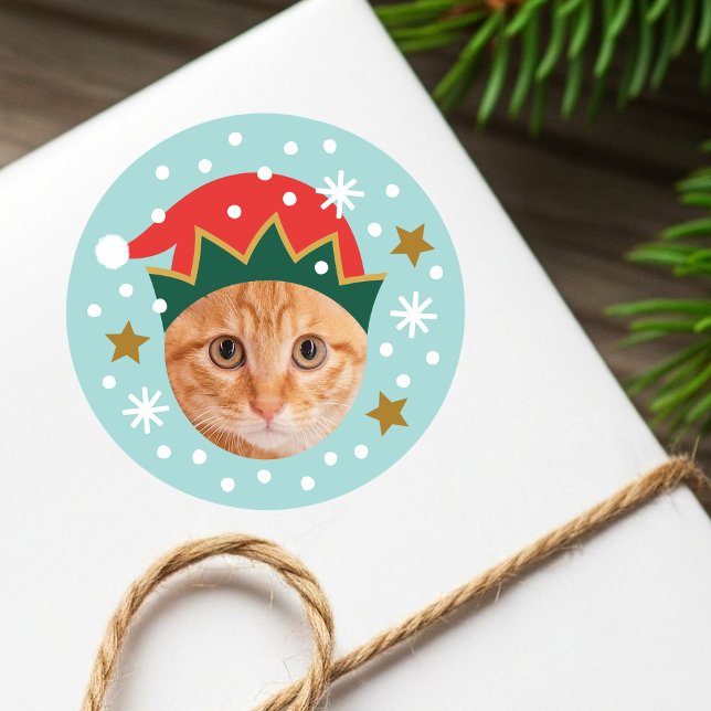 Sticker Rond Noël Photo personnalisée Festif Elf Casquette Funn (Créateur téléchargé)
