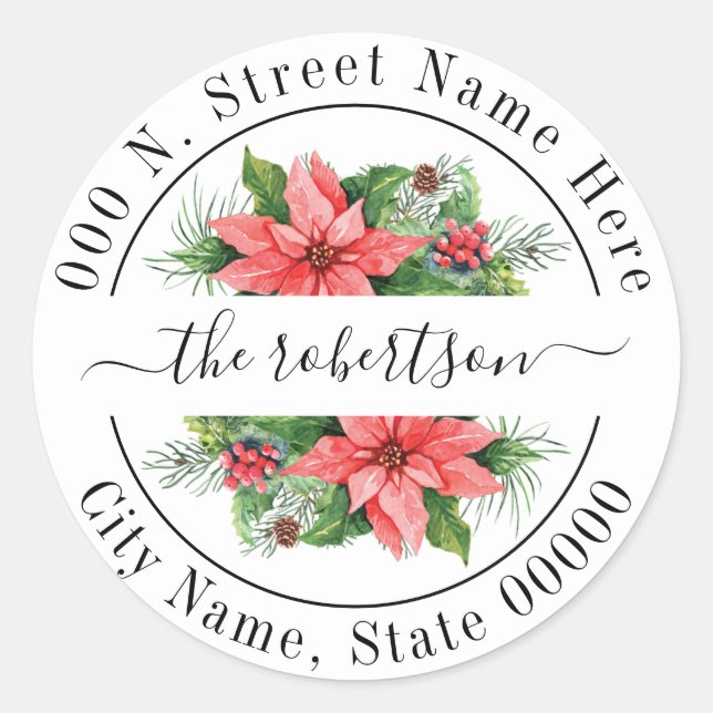 Sticker Rond Noël Poinsettia fleurie adresse de retour (Devant)