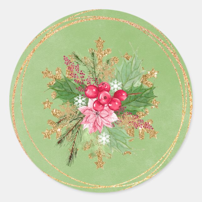 Sticker Rond Noël Poinsettia Red Berry Mariage or (Devant)