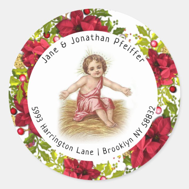 Sticker Rond Noël Pointsettia Baby Jesus Adresse (Devant)