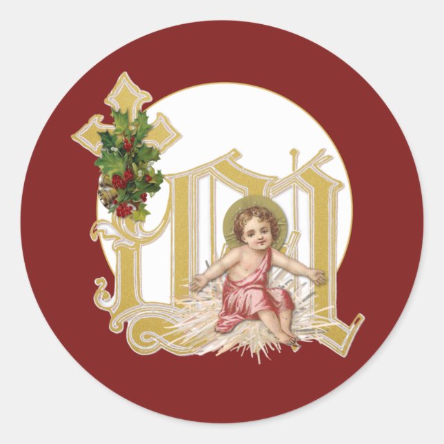 Sticker Rond Noël Religieux Bébé Jésus Floral Croix mariale (Devant)