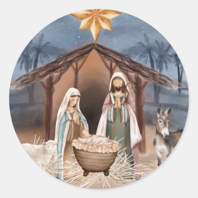 Sticker Rond Noël religieux Jésus Marie Joseph Aquarelle (Devant)