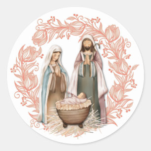 Sticker Rond Noël religieux Jésus Marie Joseph Aquarelle