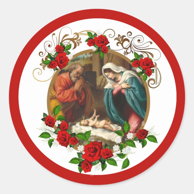 Sticker Rond Noël religieux Jésus Marie Joseph Roses rouges (Devant)