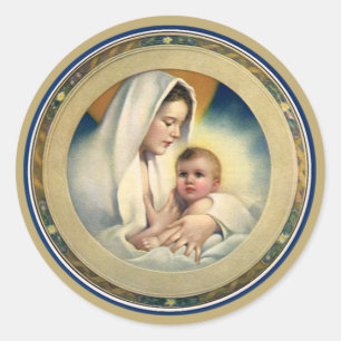 Sticker Rond Noël religieux vintage, Vierge et Enfant