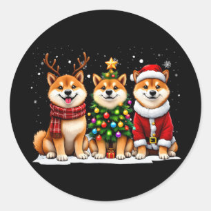 Sticker Rond Noël Rétro Shi Inu Père Noël Renne Amoureux des Ch