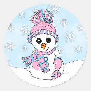Sticker Rond Noël rose et bleu mignon de bonhomme de neige et