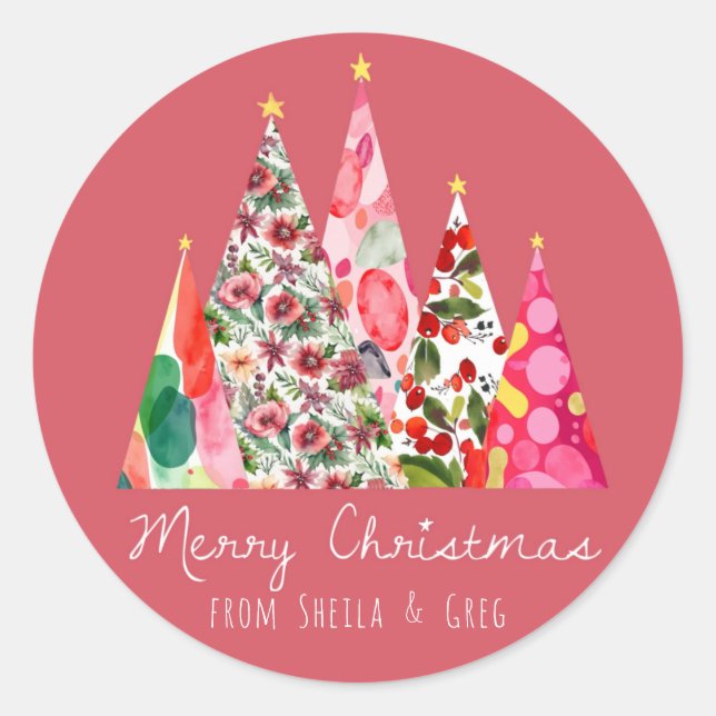 Sticker Rond Noël rose Moderne Arbres Élégants (Devant)