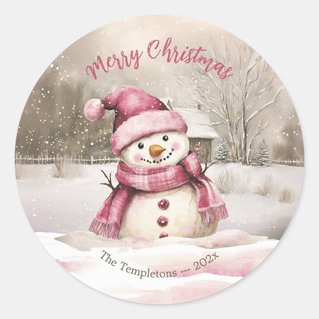 Sticker Rond Noël rose Snowman Vintage (Devant)