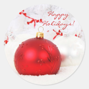 Sticker Rond Noël Rouge Et Blanc Joyeuses Fêtes