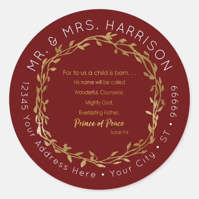 Sticker Rond Noël Rouge n Or Écriture chrétienne Adresse (Devant)