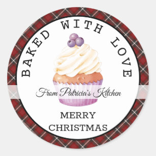 Sticker Rond Noël Rouge Plaid Cuit Avec Des Cupcakes Amoureux