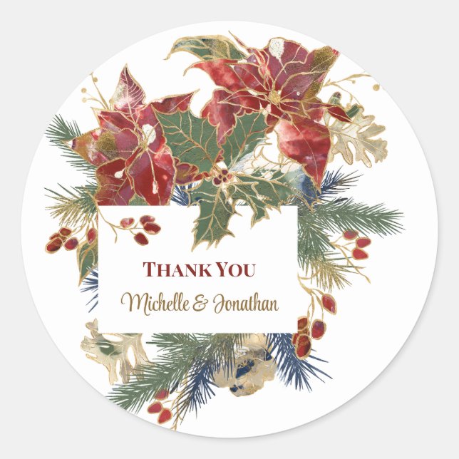 Sticker Rond Noël Rouge Poinsettia Merci personnalisé (Devant)
