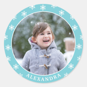 Sticker Rond Noël Snowflakes Nom photo Blue