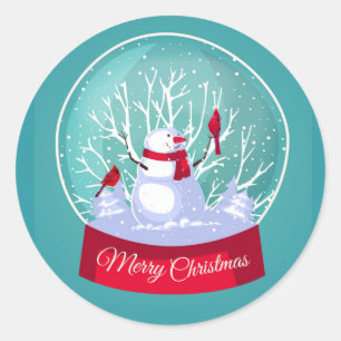 Sticker Rond Noël Snowglobe Snowman Cardinal Oiseaux rouges