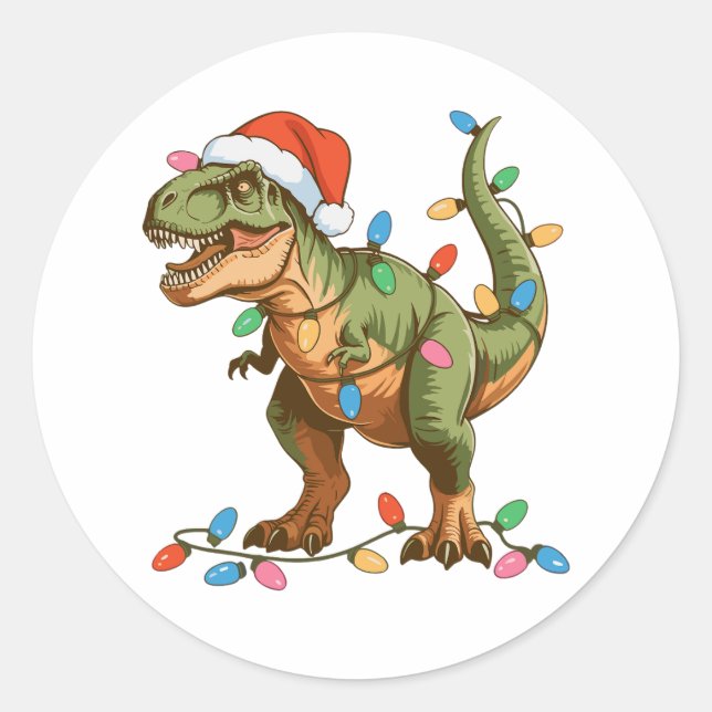 Sticker Rond Noël T Rex Dinosaur Xmas Dino Tyrannosaurus (Devant)