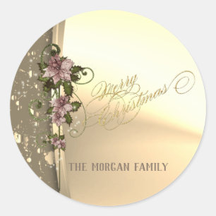 Sticker Rond Noël tendance, Faux Gold, Poinsettia