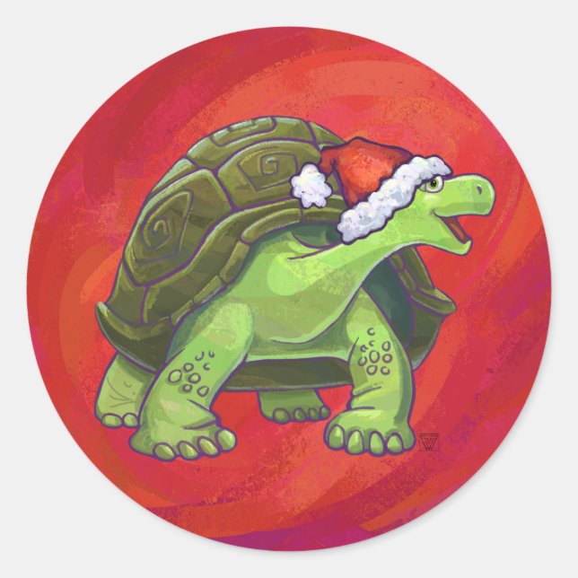 Sticker Rond Noël Tortue Sur Rouge (Devant)