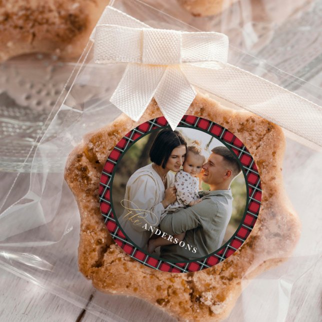 Sticker Rond Noël traditionnel rouge tartan personnalisé (Créateur téléchargé)