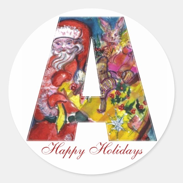 STICKER ROND NOËL UNE LETTRE / PÈRE NOËL AVEC CADEAUX MONOGRAMM (Devant)