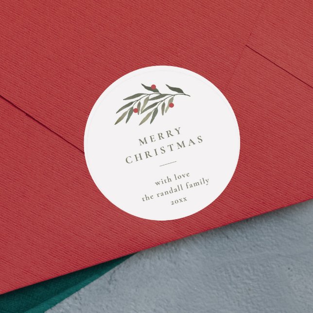 Sticker Rond Noël Verdure Feuille Typographie minimale Blanc (Simple greenery leaves merry christmas holiday gift tag stickers.)