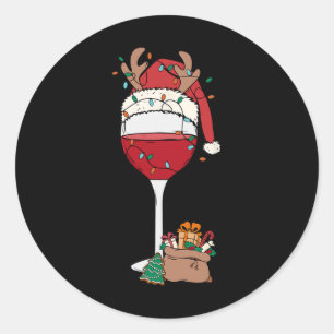 Sticker Rond Noël Verre rouge Vin Santa Hat Reindeer Fun Xm
