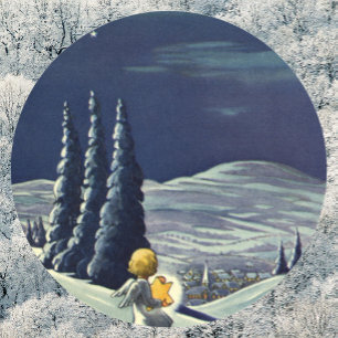 Sticker Rond Noël vintage, ange de neige marchant avec une étoi