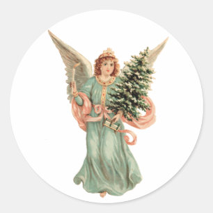 Sticker Rond Noël vintage, Ange victorien avec arbre