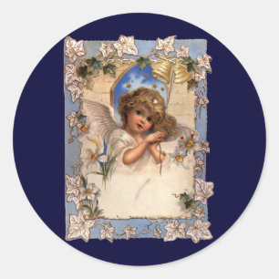 Sticker Rond Noël vintage, ange victorien avec cloches dorées