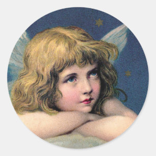 Sticker Rond Noël vintage, Beau ange avec des étoiles d'or
