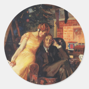 Sticker Rond Noël vintage, couple d'amour et de romance