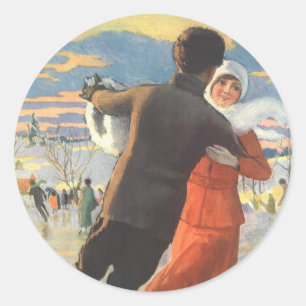 Sticker Rond Noël vintage, couple romantique patinant sur glace