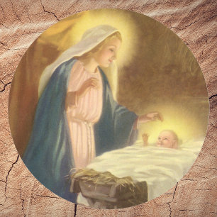 Sticker Rond Noël vintage de la Nativité, Marie Joseph Enfant J