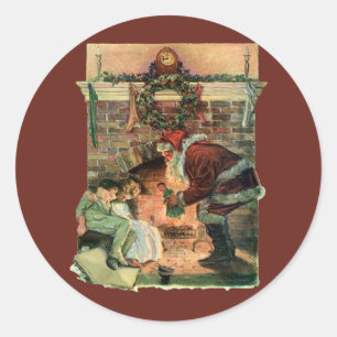 Sticker Rond Noël vintage, enfants au Père Noël victorien