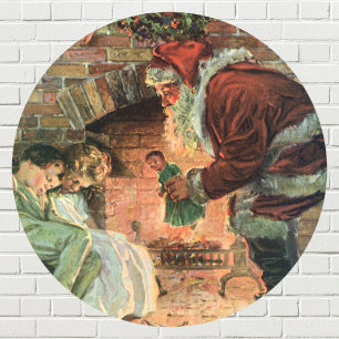 Sticker Rond Noël vintage, enfants au Père Noël victorien