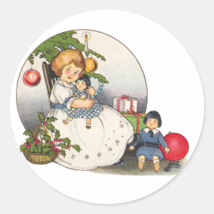 Sticker Rond Noël vintage, fille heureuse jouant avec des poupé