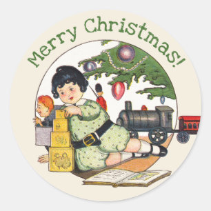 Sticker Rond Noël Vintage, Garçon Heureux Jouant avec des Jouet