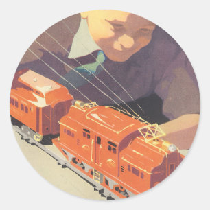 Sticker Rond Noël Vintage, Garçon Jouant avec des Toys Trains