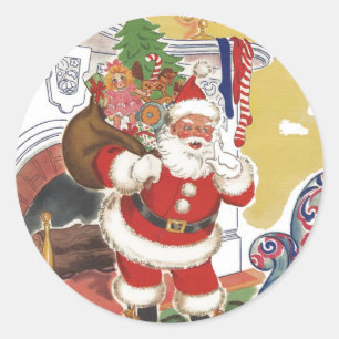 Sticker Rond Noël vintage, joyeux Père Noël avec cadeaux