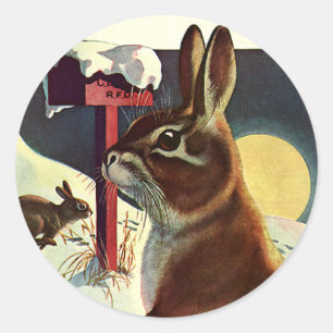 Sticker Rond Noël vintage, lapins dans une prairie hivernale de