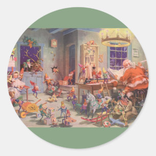 Sticker Rond Noël vintage, le Père Noël avec l'atelier des luti