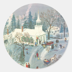 Sticker Rond Noël vintage, Les gens vont à l'église en neige