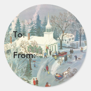 Sticker Rond Noël vintage, Les gens vont à l'église en neige