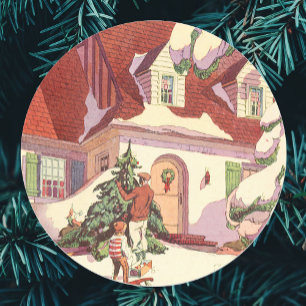 Sticker Rond Noël vintage, Maison de famille dans la neige